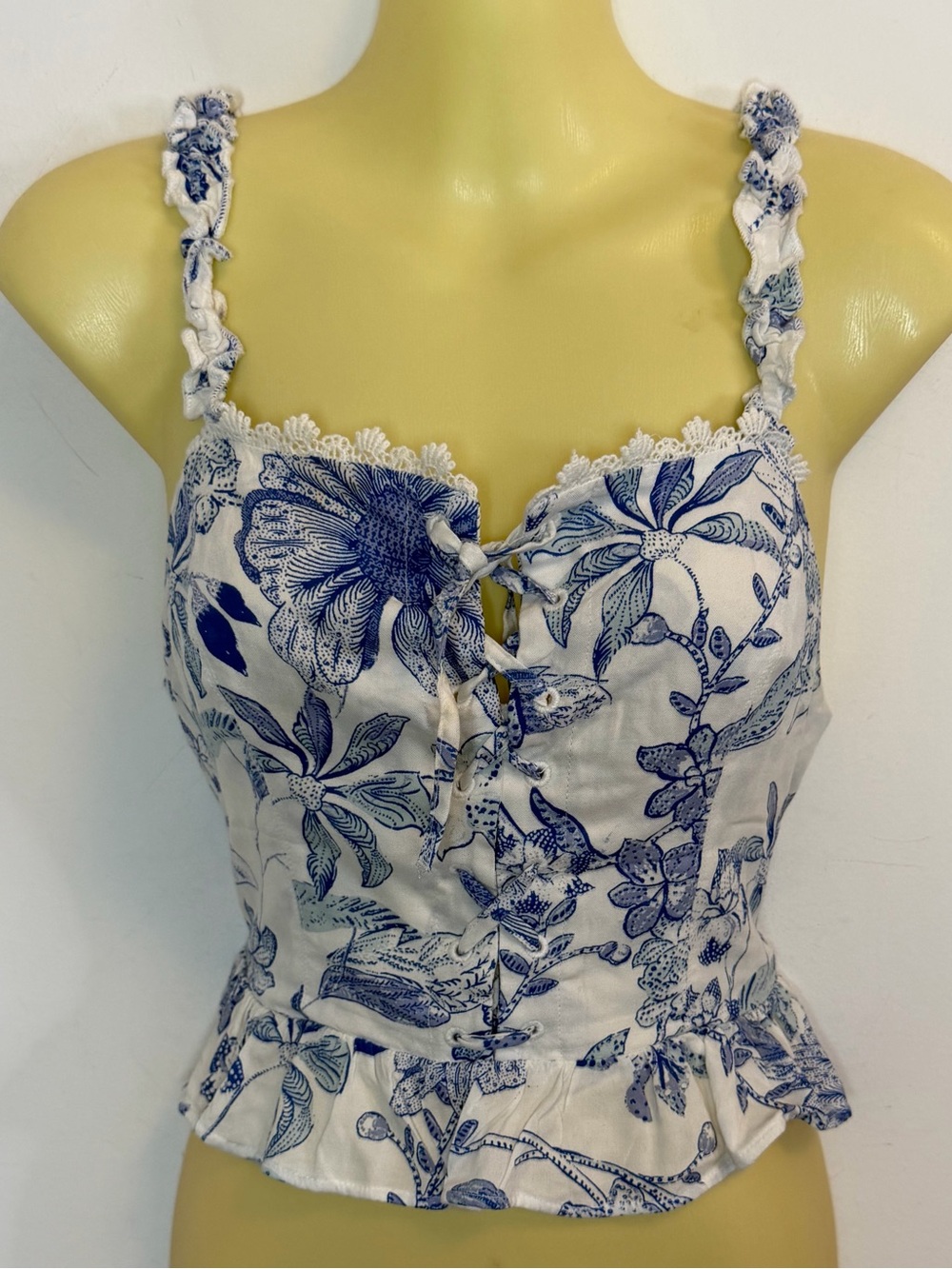 Urban Outfitters Blue & White Floral Lace-Trim Bustier Tank
